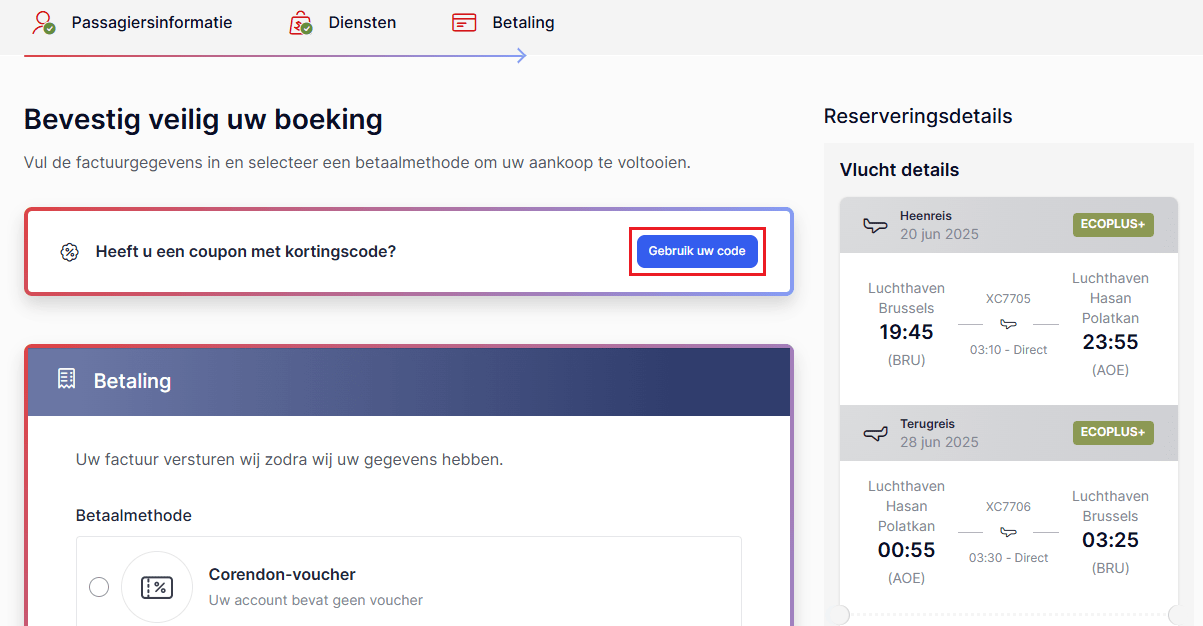 Corendon Airlines kortingscode gebruiken