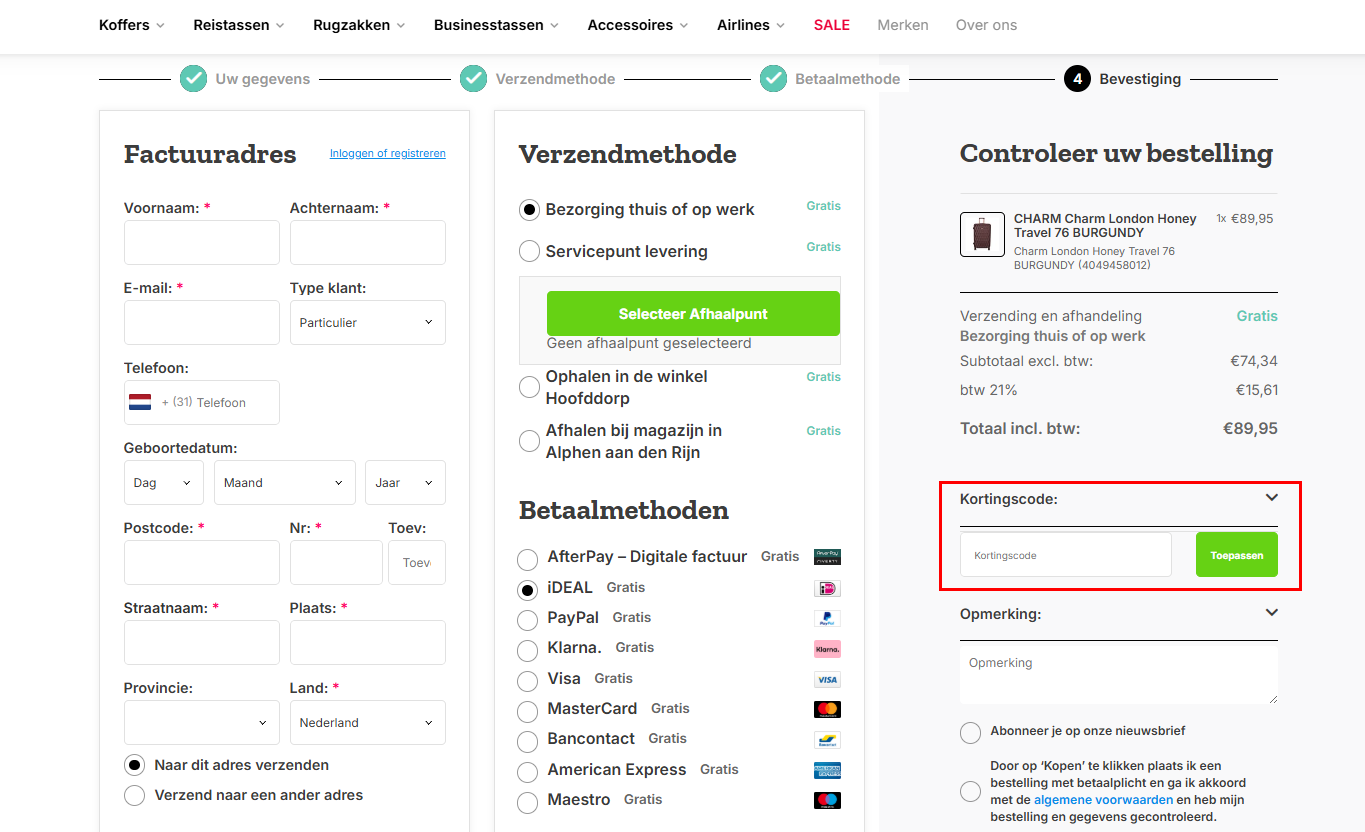 Koffershop kortingscode gebruiken
